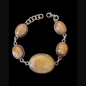 Vintage Golden Rutilated Quartz 925 Sterling Silver 8" Long Bracelet